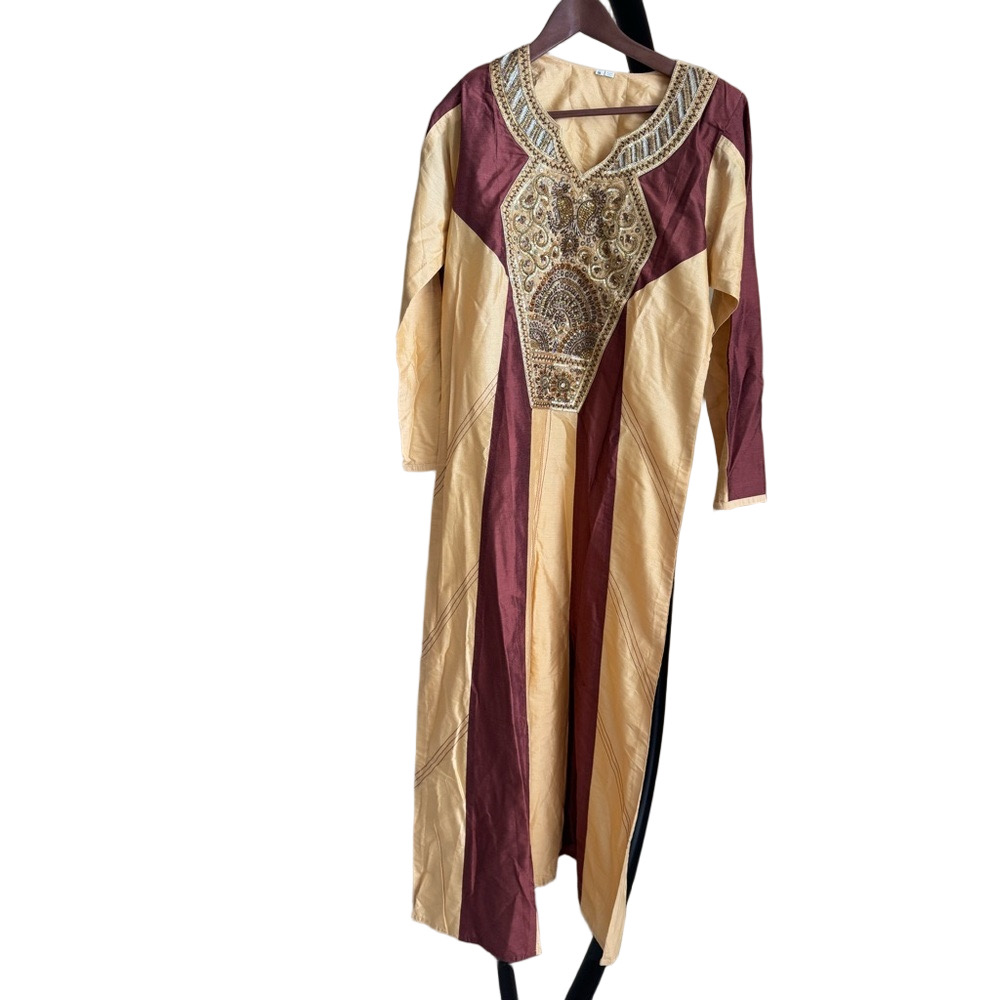 Gold Brown V Neck Long Sleeve Kaftan - Picture 3 of 14